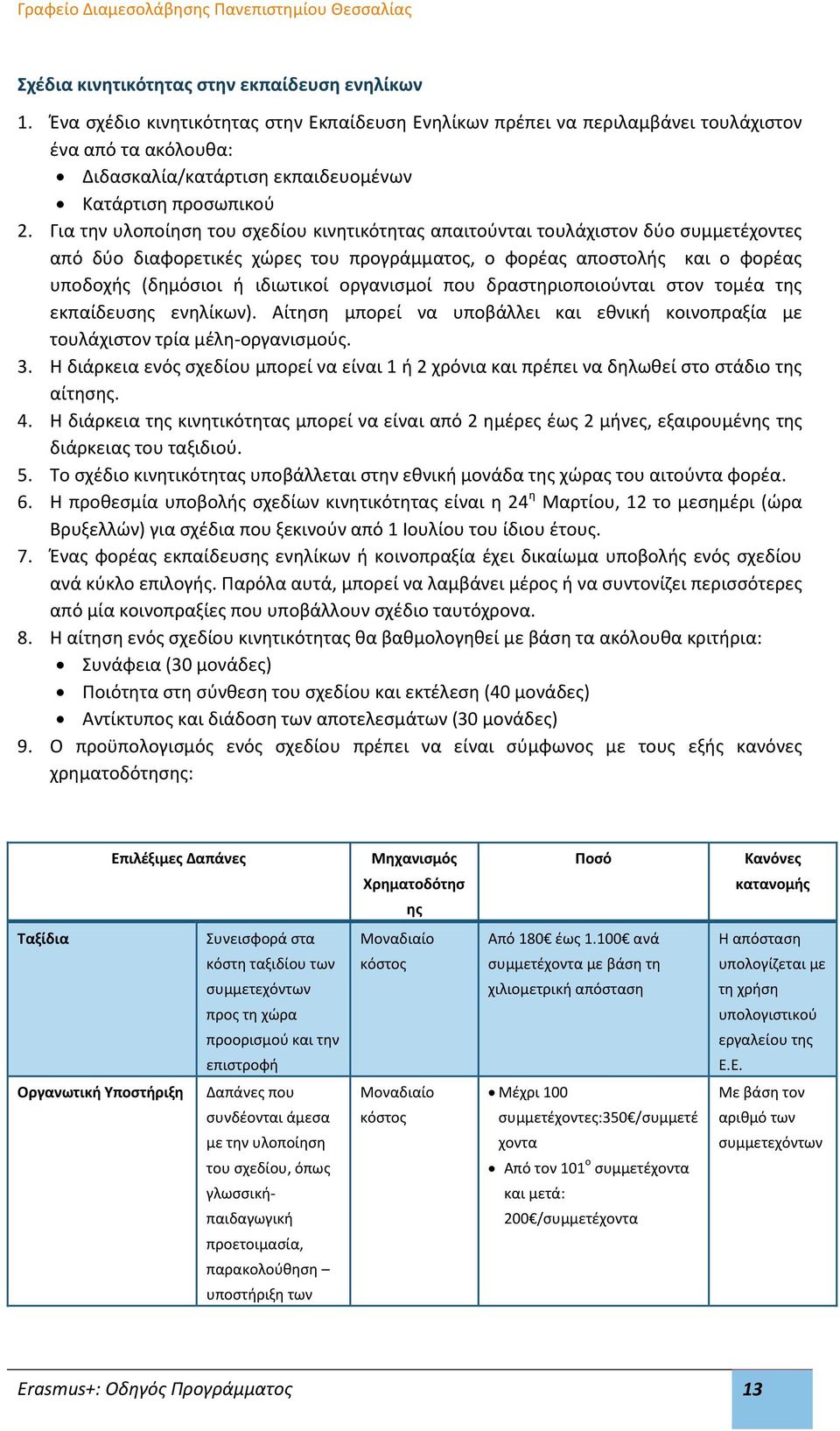 Για την υλοποίηση του σχεδίου κινητικότητας απαιτούνται τουλάχιστον δύο συμμετέχοντες από δύο διαφορετικές χώρες του προγράμματος, ο φορέας αποστολής και ο φορέας υποδοχής (δημόσιοι ή ιδιωτικοί