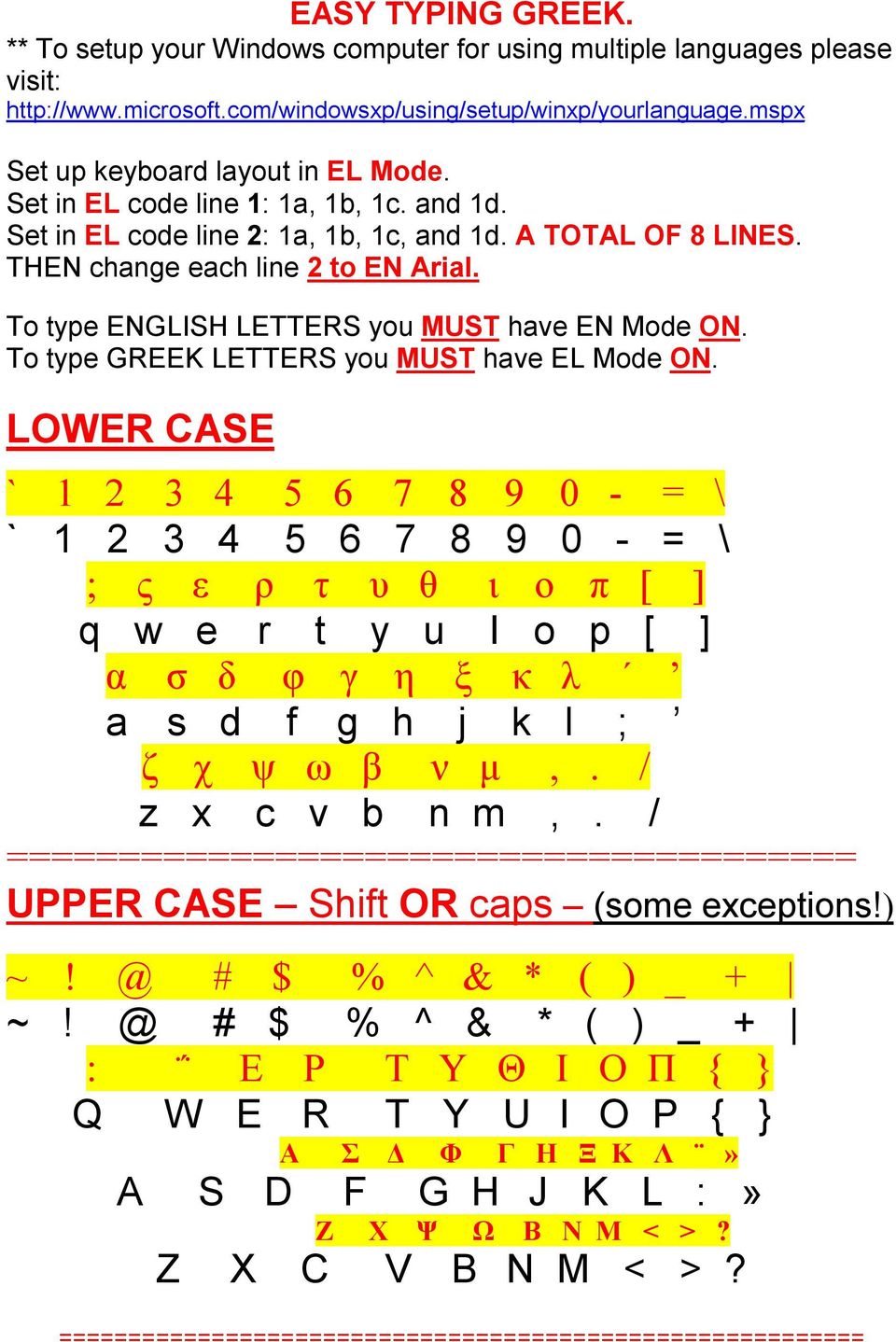 To type ENGLISH LETTERS you MUST have EN Mode ON. To type GREEK LETTERS you MUST have EL Mode ON.