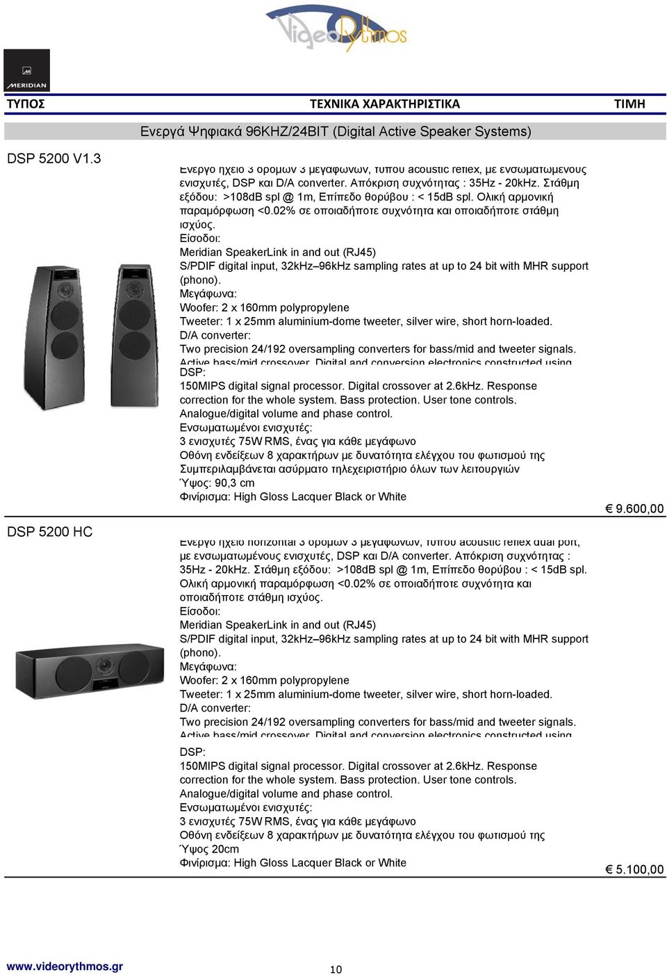 Meridian SpeakerLink in and out (RJ45) S/PDIF digital input, 32kHz 96kHz sampling rates at up to 24 bit with MHR support (phono).