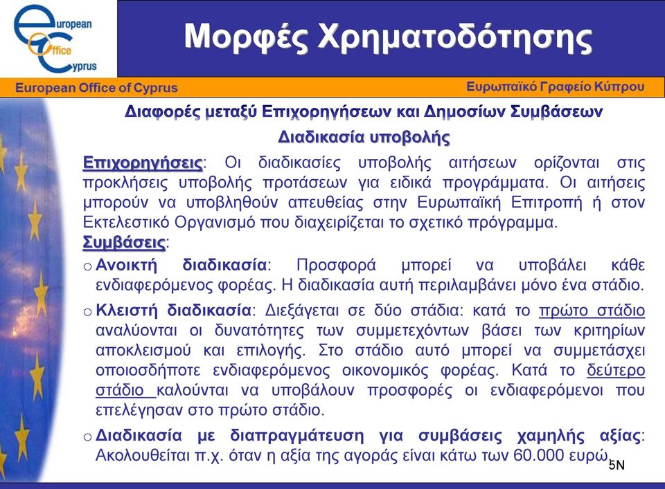 Συμβάσεις: o Ανοικτή διαδικασία: Προσφορά μπορεί να υποβάλει κάθε ενδιαφερόμενος φορέας. Η διαδικασία αυτή περιλαμβάνει μόνο ένα στάδιο.