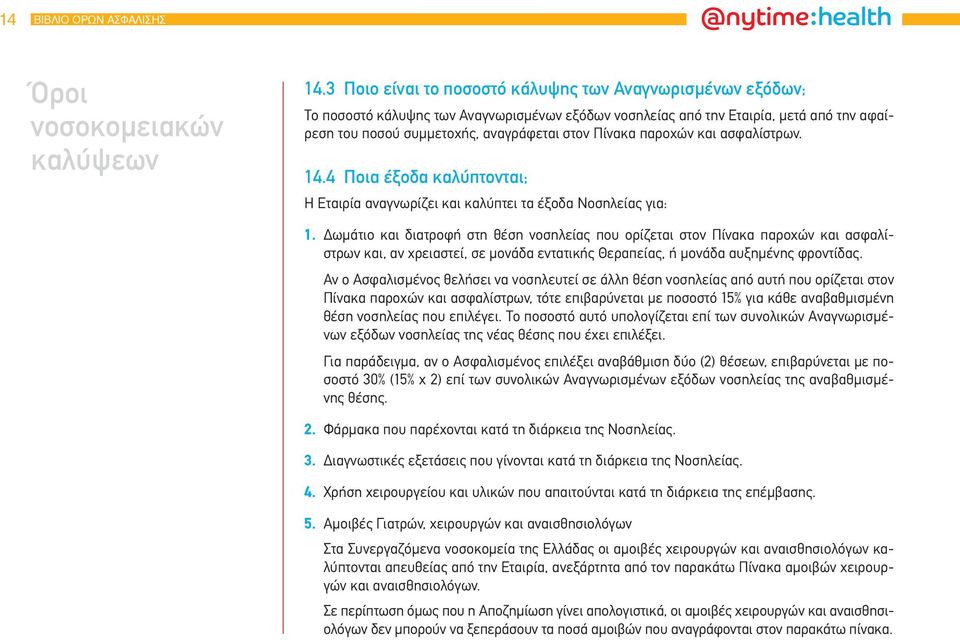 παροχών και ασφαλίστρων. 14.4 Ποια έξοδα καλύπτονται; Η Εταιρία αναγνωρίζει και καλύπτει τα έξοδα Νοσηλείας για: 1.