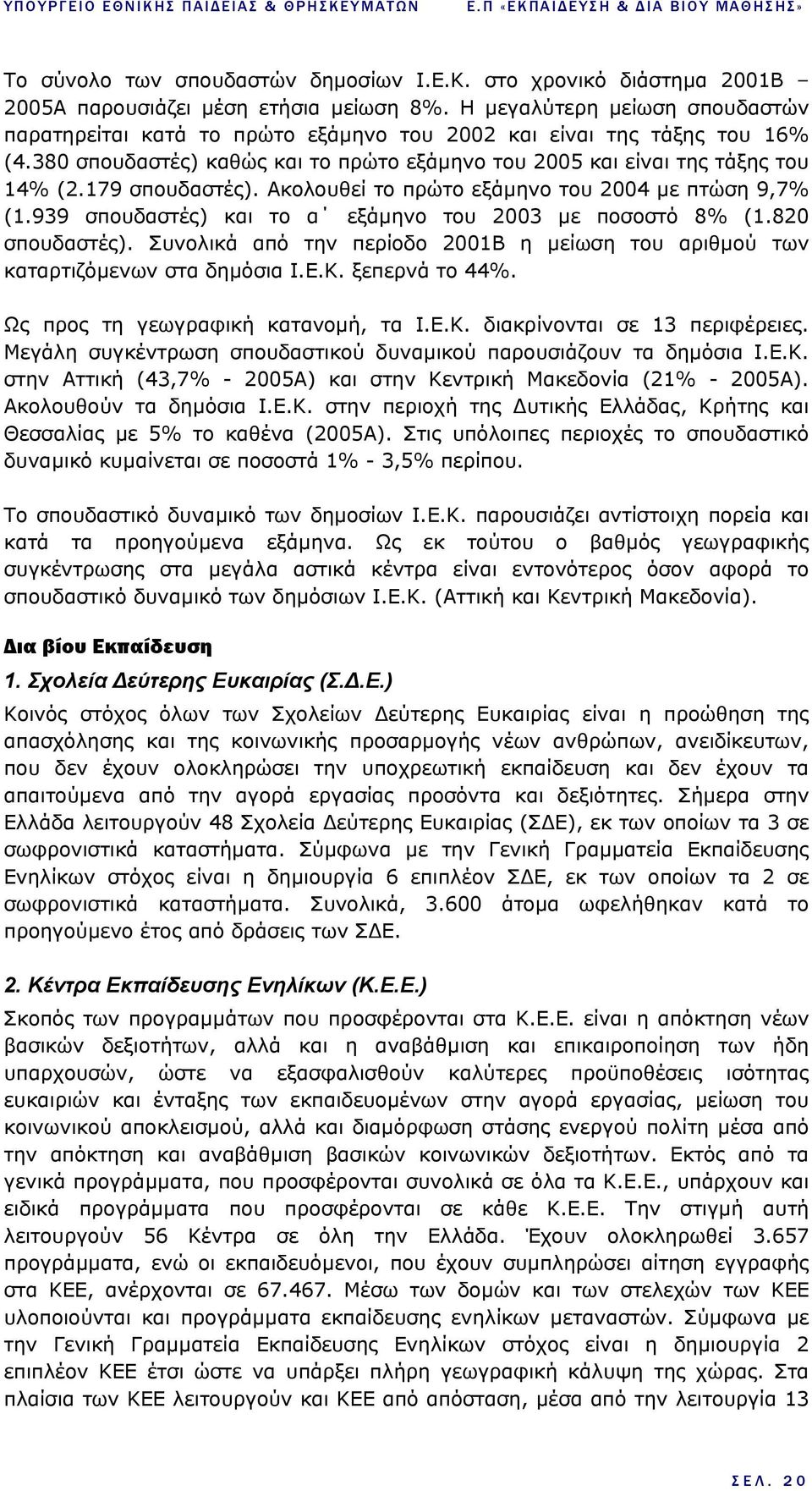 179 σπουδαστές). Ακολουθεί το πρώτο εξάµηνο του 2004 µε πτώση 9,7% (1.939 σπουδαστές) και το α εξάµηνο του 2003 µε ποσοστό 8% (1.820 σπουδαστές).