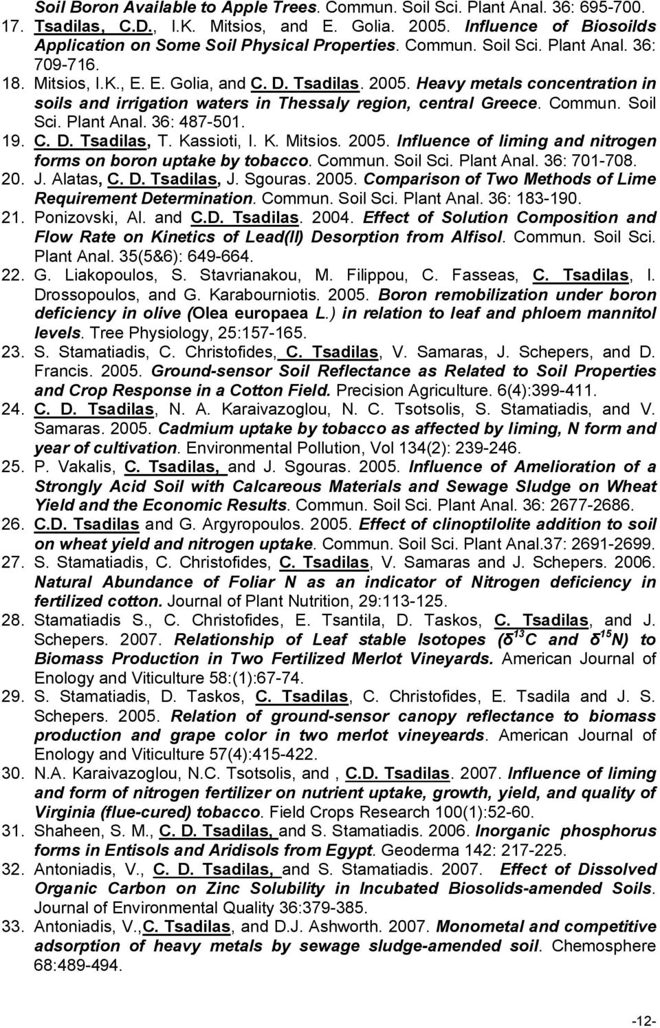 Heavy metals concentration in soils and irrigation waters in Thessaly region, central Greece. Commun. Soil Sci. Plant Anal. 36: 487-501. 19. C. D. Tsadilas, T. Kassioti, I. K. Mitsios. 2005.