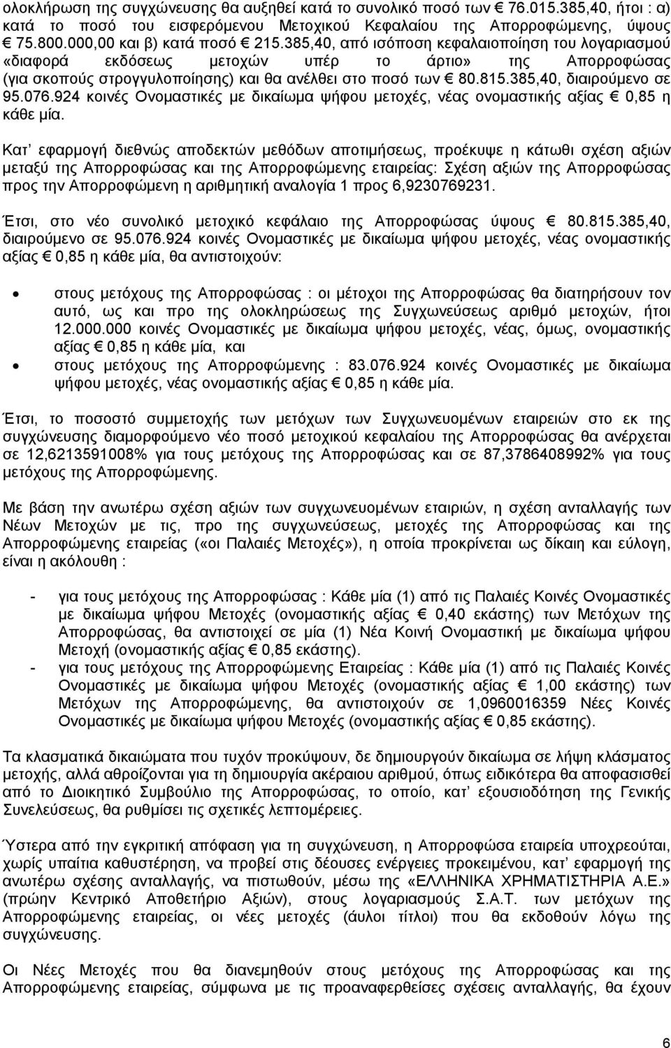 076.924 κοινές Ονομαστικές με δικαίωμα ψήφου μετοχές, νέας ονομαστικής αξίας 0,85 η κάθε μία.