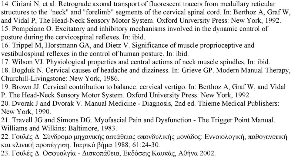 Excitatory and inhibitory mechanisms involved in the dynamic control of posture during the cervicospinal reflexes. In: ibid. 16. Trippel M, Horstmann GA, and Dietz V.