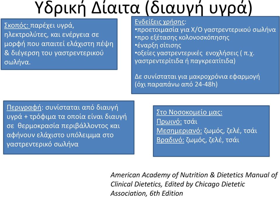 ήσης: προετοιμασία για Χ/Ο γαστρεντερικού σωλήνα προ εξέτασης κολονοσκόπησης έναρξη σίτισης οξείες γαστρεντερικές ενοχλ