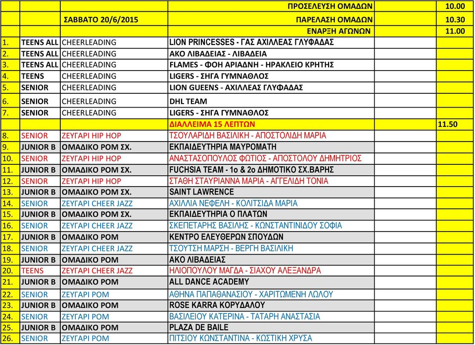 SENIOR CHEERLEADING LION GUEENS - ΑΧΙΛΛΕΑΣ ΓΛΥΦΑΔΑΣ 6. SENIOR CHEERLEADING DHL TEAM 7. SENIOR CHEERLEADING LIGERS - ΣΗΓΑ ΓΥΜΝΑΘΛΟΣ ΔΙΑΛΛΕΙΜΑ 15 ΛΕΠΤΩΝ 11.50 8.