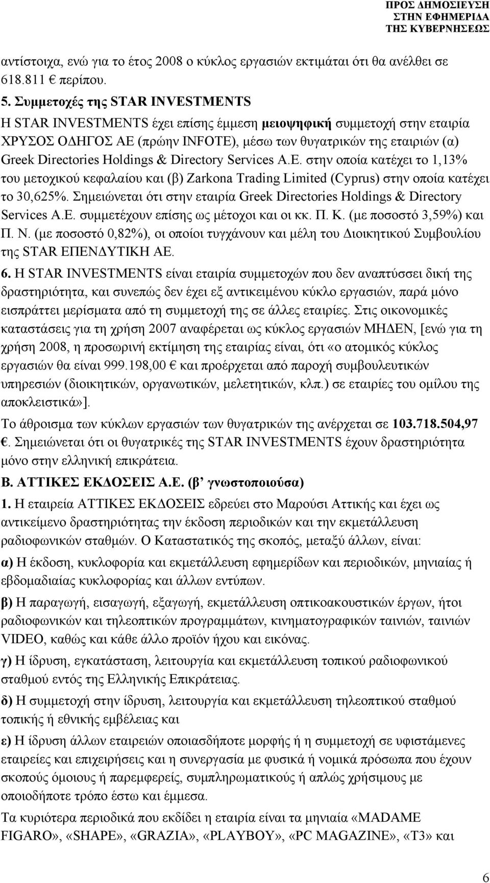 Holdings & Directory Services A.E. στην οποία κατέχει το 1,13% του μετοχικού κεφαλαίου και (β) Zarkona Trading Limited (Cyprus) στην οποία κατέχει το 30,625%.