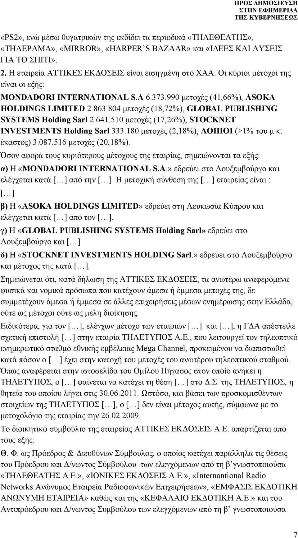 510 μετοχές (17,26%), STOCKNET INVESTMENTS Holding Sarl 333.180 μετοχές (2,18%), ΛΟΙΠΟΙ (>1% του μ.κ. έκαστος) 3.087.516 μετοχές (20,18%).