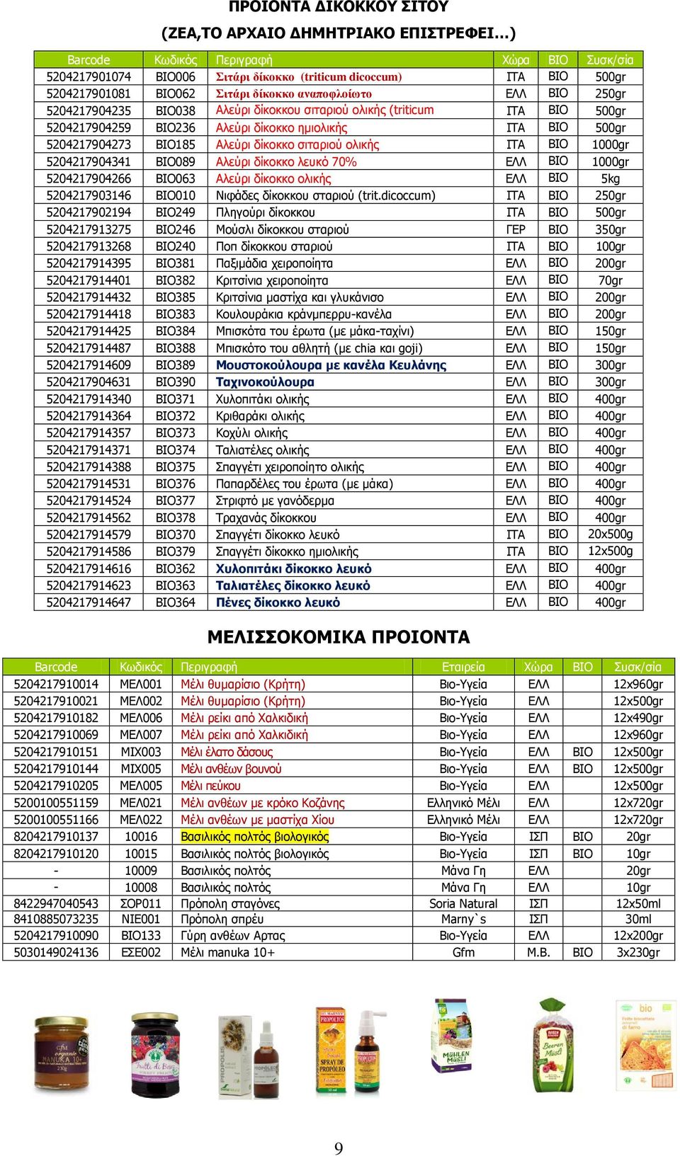 1000gr 5204217904341 ΒΙΟ089 Αλεύρι δίκοκκο λευκό 70% ΕΛΛ ΒΙΟ 1000gr 5204217904266 ΒΙΟ063 Αλεύρι δίκοκκο ολικής ΕΛΛ ΒΙΟ 5kg 5204217903146 BIO010 Νιφάδες δίκοκκου σταριού (trit.