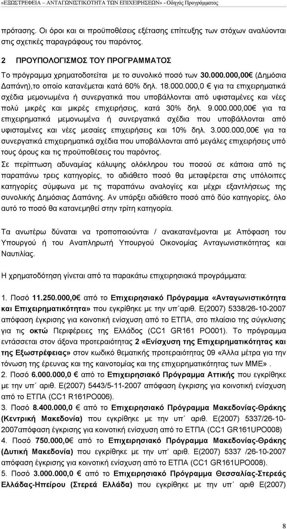 000,00 (Δημόσια Δαπάνη),το οποίο κατανέμεται κατά 60% δηλ. 18.000.000,0 για τα επιχειρηματικά σχέδια μεμονωμένα ή συνεργατικά που υποβάλλονται από υφισταμένες και νέες πολύ μικρές και μικρές επιχειρήσεις, κατά 30% δηλ.