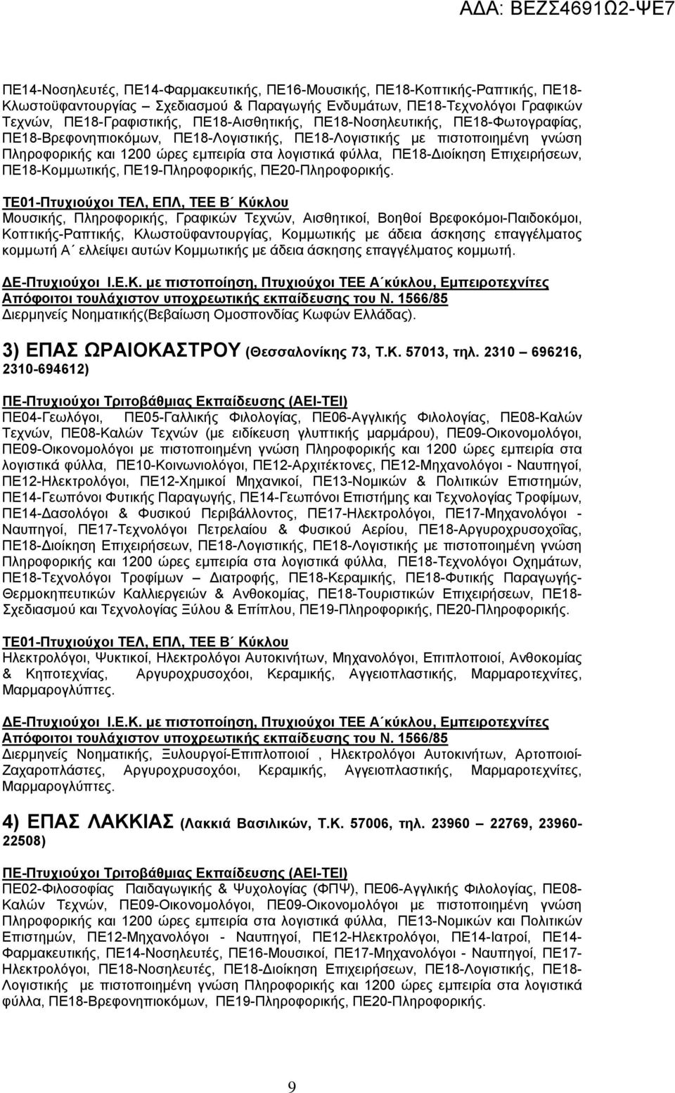 ΠΕ18-Διοίκηση Επιχειρήσεων, ΠΕ18-Κομμωτικής, ΠΕ19-Πληροφορικής, ΠΕ20- Μουσικής, Πληροφορικής, Γραφικών Τεχνών, Αισθητικοί, Βοηθοί Βρεφοκόμοι-Παιδοκόμοι, Κοπτικής-Ραπτικής, Κλωστοϋφαντουργίας,