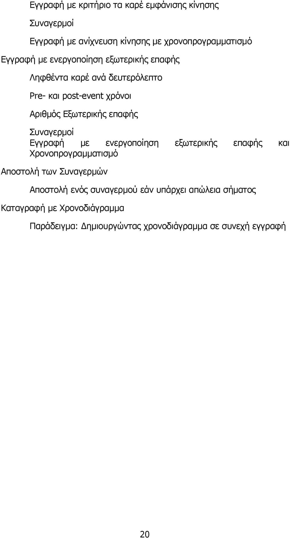 Συναγερμοί Εγγραφή με ενεργοποίηση εξωτερικής επαφής και Χρονοπρογραμματισμό Αποστολή των Συναγερμών Αποστολή ενός