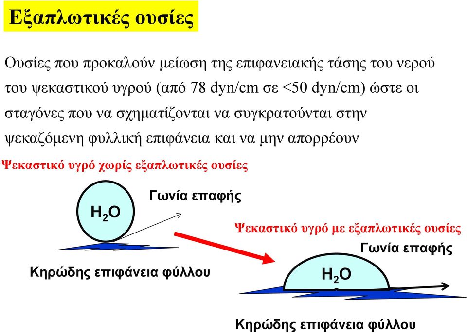 φυλλική επιφάνεια και να μην απορρέουν Ψεκαστικό υγρό χωρίς εξαπλωτικές ουσίες Η 2 Ο Γωνία επαφής