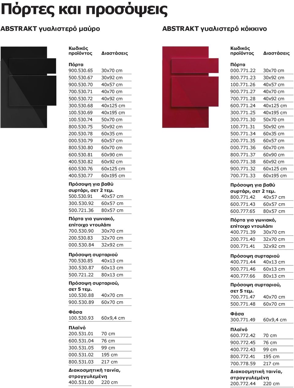 530.92 60x57 cm 500.721.36 80x57 cm για γωνιακό, 700.530.90 30x70 cm 200.530.83 32x70 cm 000.530.84 32x92 cm 700.530.85 40x13 cm 300.530.87 60x13 cm 500.721.22 80x13 cm, 100.530.88 40x70 cm 900.530.89 60x70 cm 100.