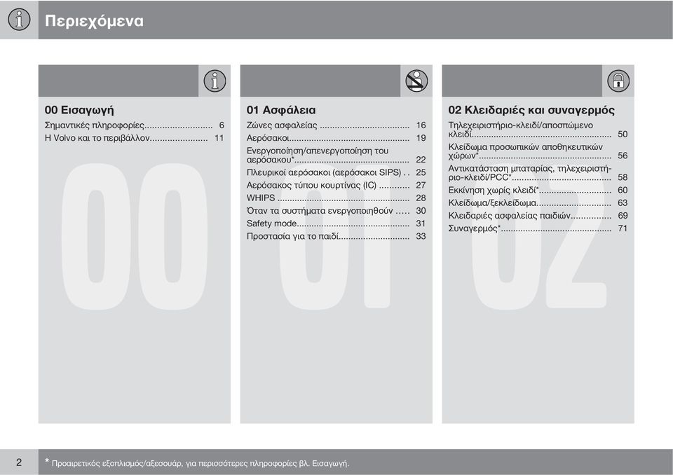 .. 56 Πλευρικοί αερόσακοι (αερόσακοι SIPS).. 25 Αντικατάσταση μπαταρίας, τηλεχειριστήριο-κλειδί/pcc*... 58 Αερόσακος τύπου κουρτίνας (IC)... 27 Εκκίνηση χωρίς κλειδί*... 60 WHIPS.