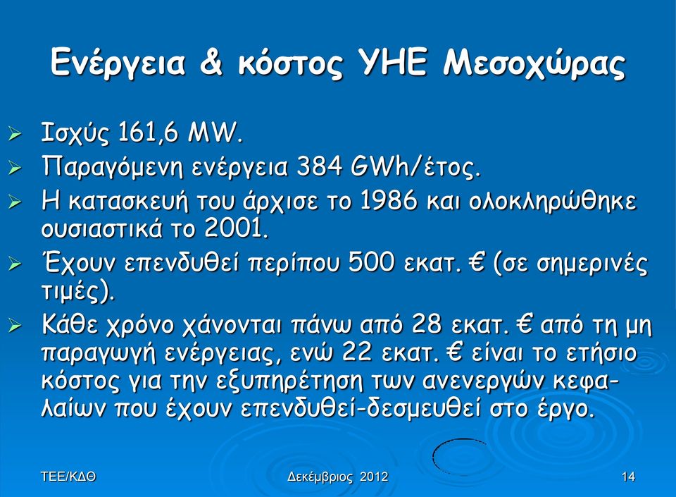 (σε σημερινές τιμές). Κάθε χρόνο χάνονται πάνω από 28 εκατ. από τη μη παραγωγή ενέργειας, ενώ 22 εκατ.