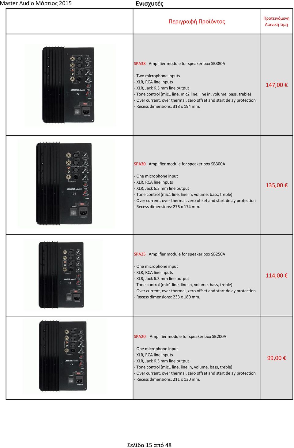 147,00 SPA30 Amplifier module for speaker box SB300A - One microphone input - XLR, RCA line inputs - XLR, Jack 6.