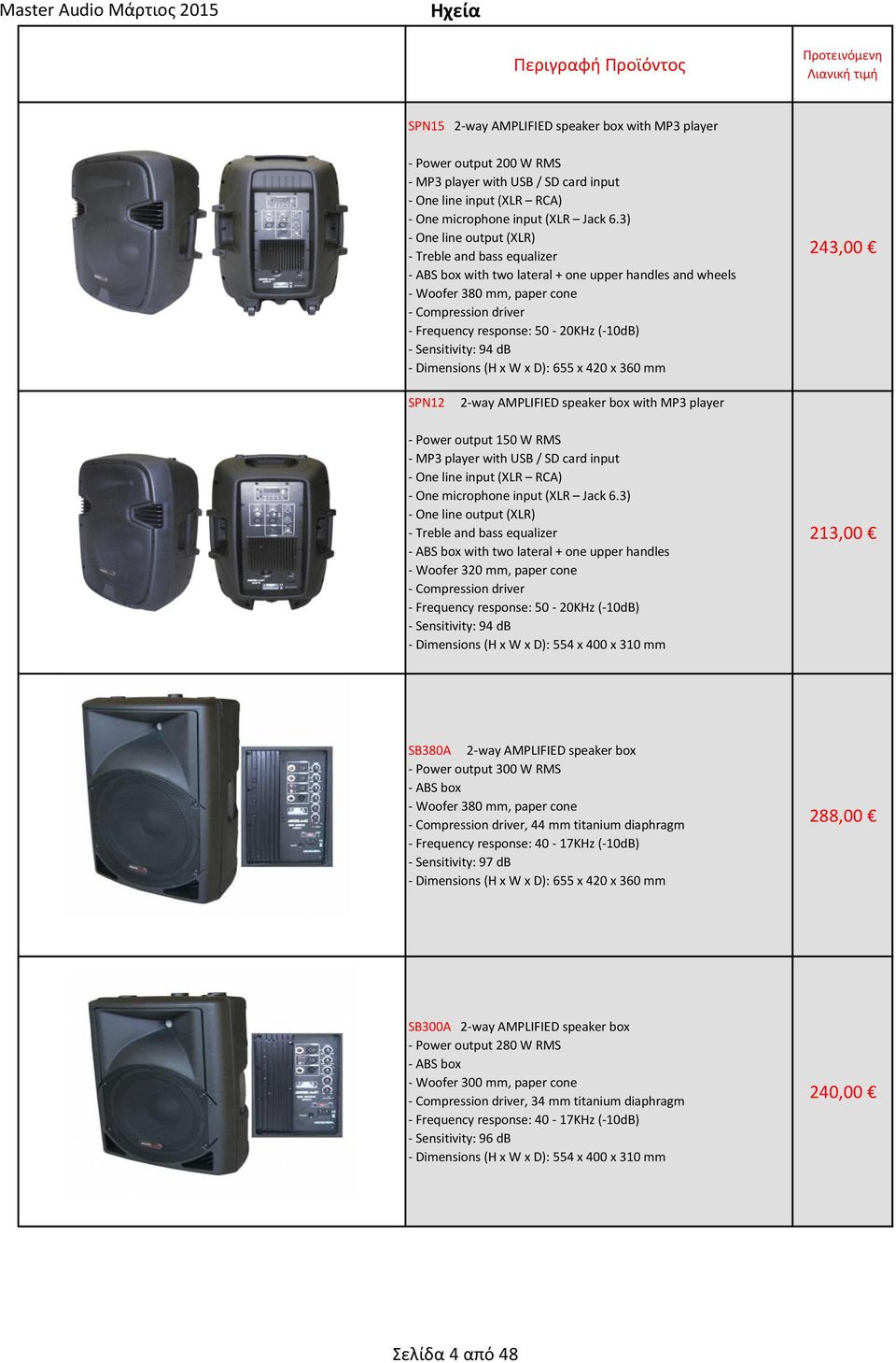 (-10dB) - Sensitivity: 94 db - Dimensions (H x W x D): 655 x 420 x 360 mm 243,00 SPN12 2-way AMPLIFIED speaker box with MP3 player - Power output 150 W RMS - MP3 player with USB / SD card input - One