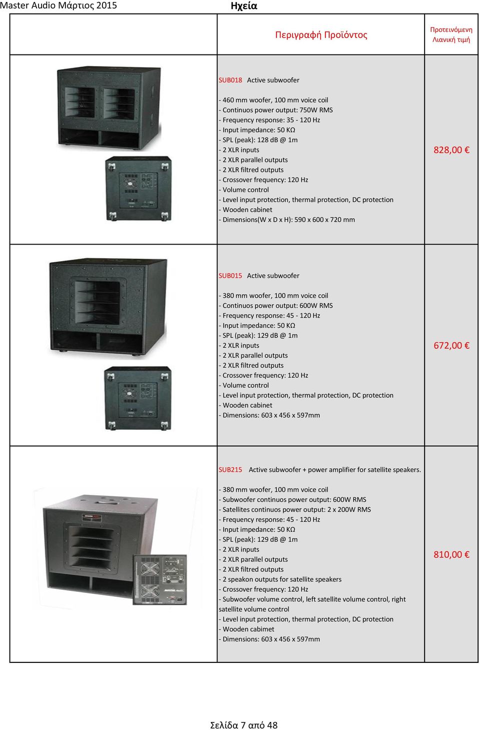 x 600 x 720 mm 828,00 SUB015 Active subwoofer - 380 mm woofer, 100 mm voice coil - Continuos power output: 600W RMS - Frequency response: 45-120 Hz - Input impedance: 50 KΩ - SPL (peak): 129 db @ 1m