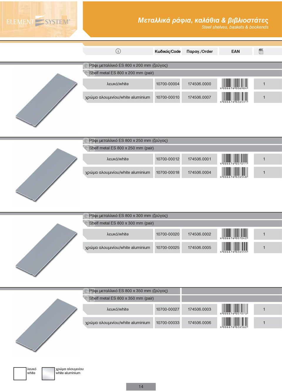 0007 Ράφι μεταλλικό ES 800 x 250 mm (ζεύγος) Shelf metal ES 800 x 250 mm (par) /whte 700-0002 7506.000 700-0008 7506.