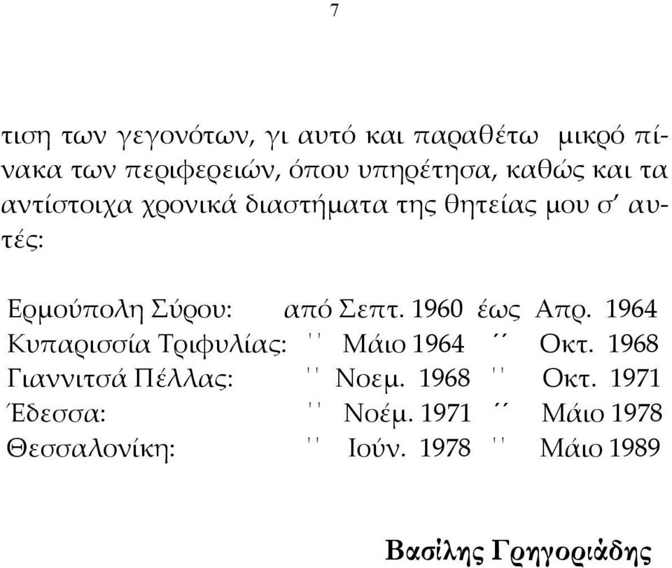 Σεπτ. 1960 έως Απρ. 1964 Κυπαρισσία Τριφυλίας: Μάιο 1964 Οκτ. 1968 Γιαννιτσά Πέλλας: Νοεμ.