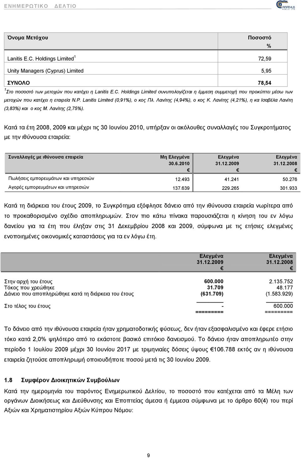 Κατά τα έτη 2008, 2009 και μέχρι τις 30 Ιουνίου 2010, υπήρξαν οι ακόλουθες συναλλαγές του Συγκροτήματος με την ιθύνουσα εταιρεία: Συναλλαγές με ιθύνουσα εταιρεία Μη Ελεγμένα 30.6.2010 Ελεγμένα 31.12.