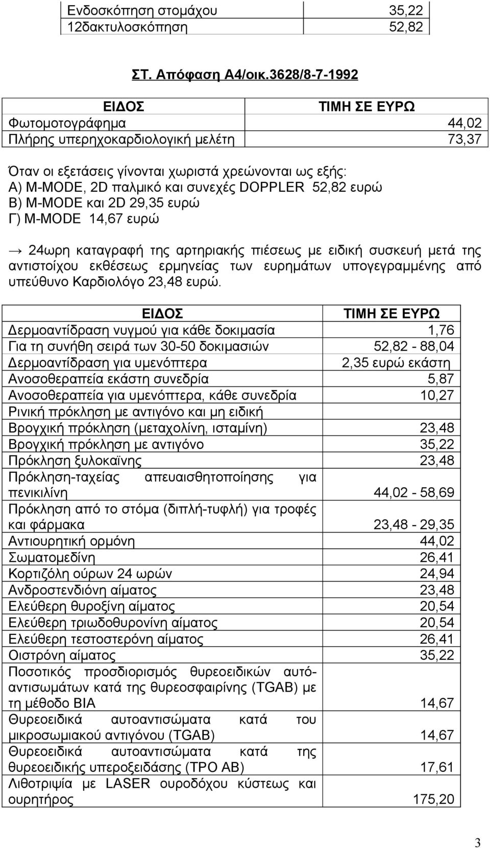 και 2D 29,35 ευρώ Γ) Μ-MODE 14,67 ευρώ 24ωρη καταγραφή της αρτηριακής πιέσεως με ειδική συσκευή μετά της αντιστοίχου εκθέσεως ερμηνείας των ευρημάτων υπογεγραμμένης από υπεύθυνο Καρδιολόγο 23,48 ευρώ.