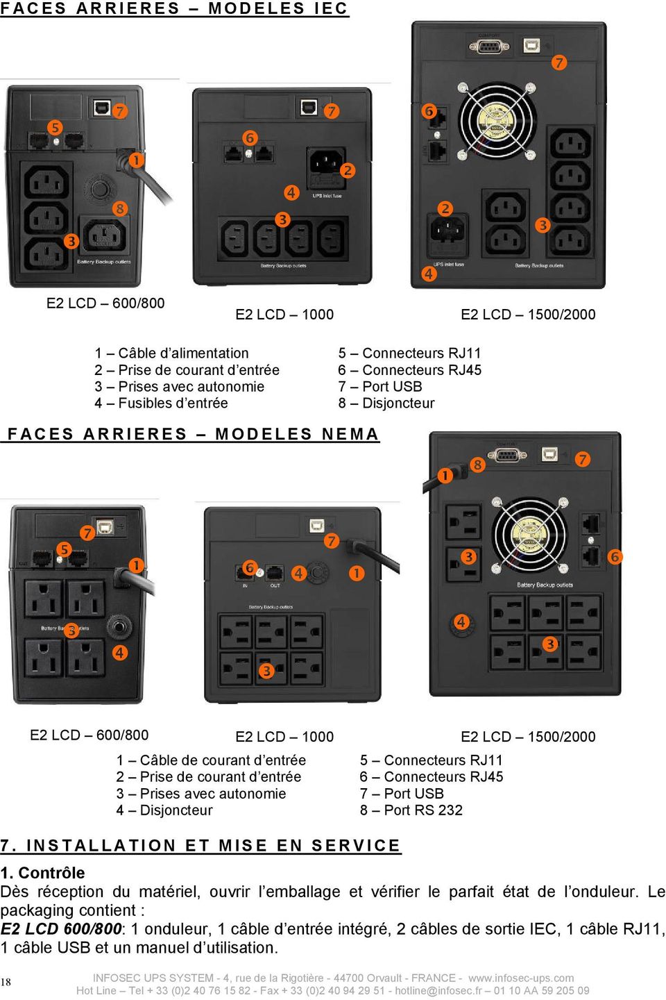 USB 8 Port RS 232 7 INSTALLATION ET MISE EN SERVICE 1 Contrle Ds rception du matriel, ouvrir l emballage et vrifier le parfait tat de l onduleur Le packaging contient : 600/800: 1 onduleur, 1 cble d