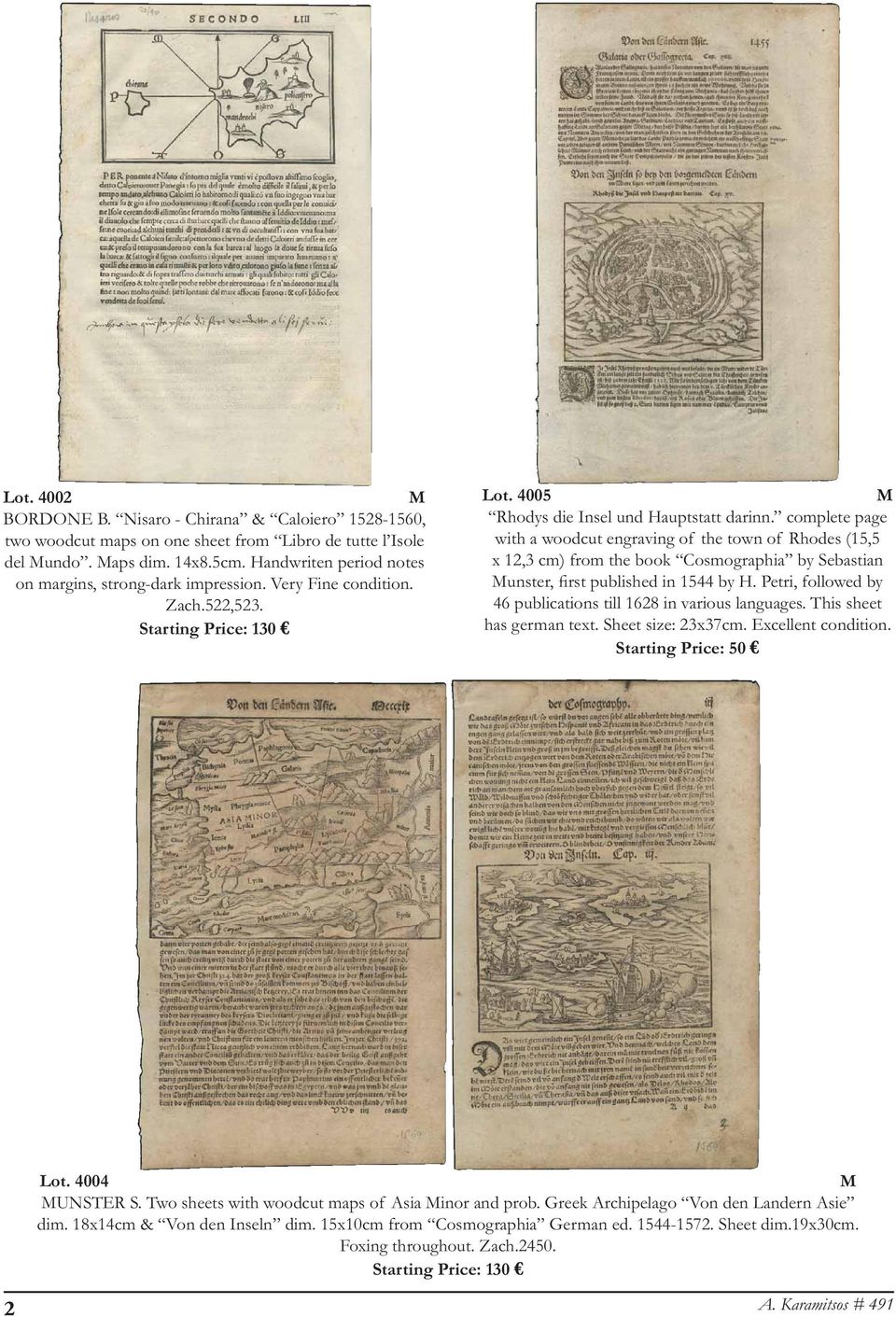 complete page with a woodcut engraving of the town of Rhodes (15,5 x 12,3 cm) from the book Cosmographia by Sebastian unster, first published in 1544 by H.