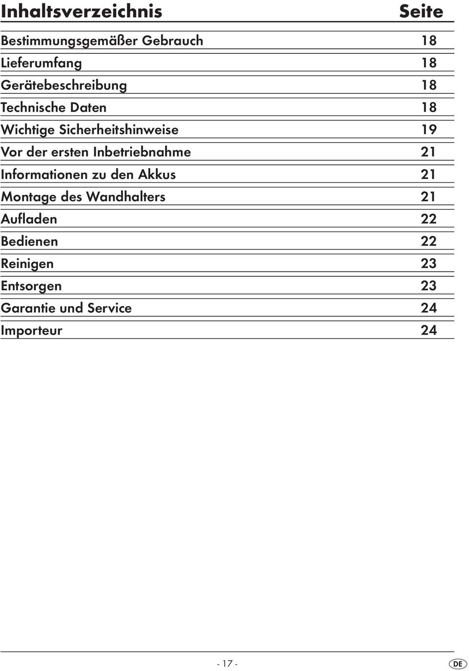 ersten Inbetriebnahme 21 Informationen zu den Akkus 21 Montage des Wandhalters 21