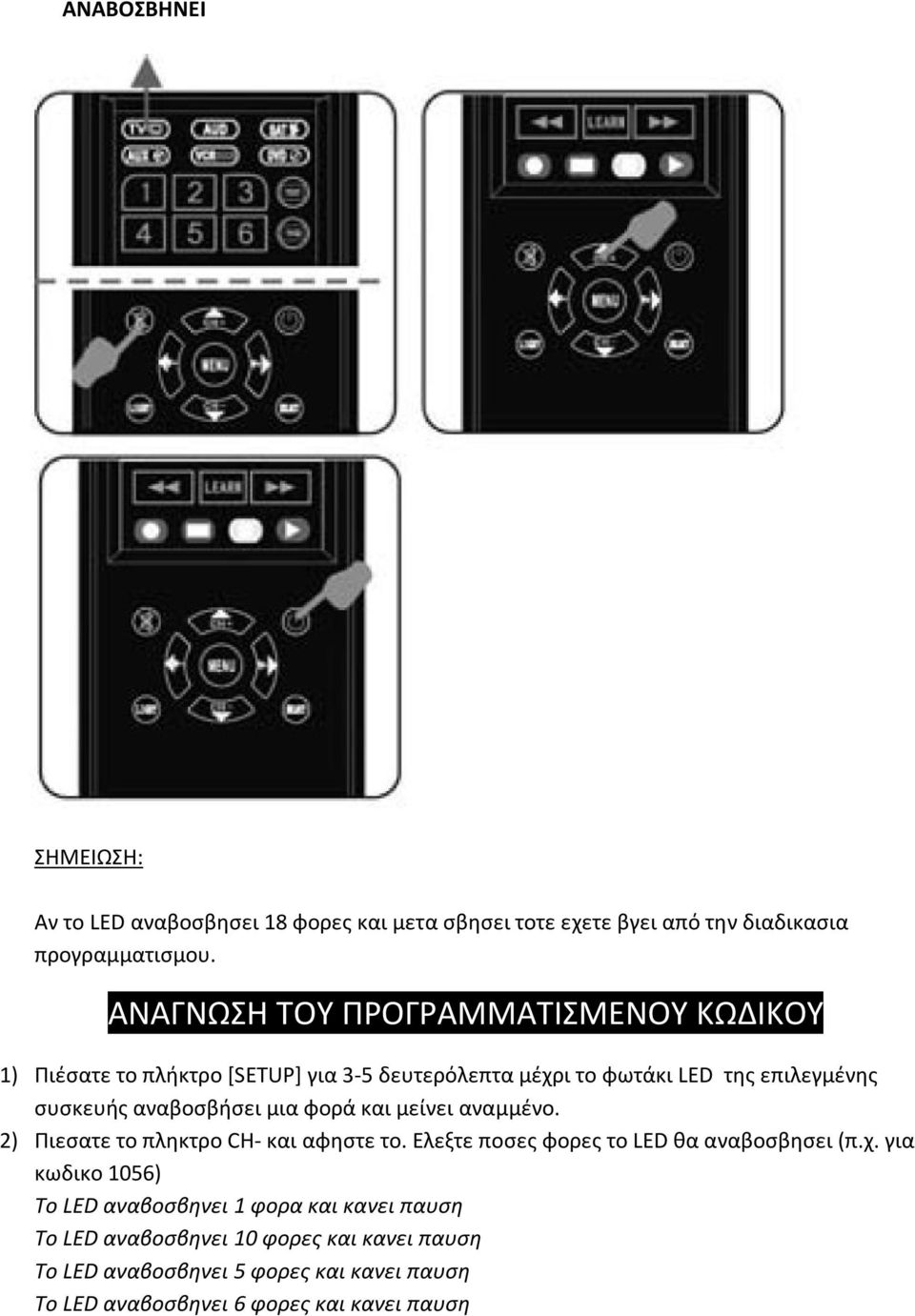 αναβοσβήσει μια φορά και μείνει αναμμένο. 2) Πιεσατε το πληκτρο CH- και αφηστε το. Ελεξτε ποσες φορες το LED θα αναβοσβησει (π.χ.