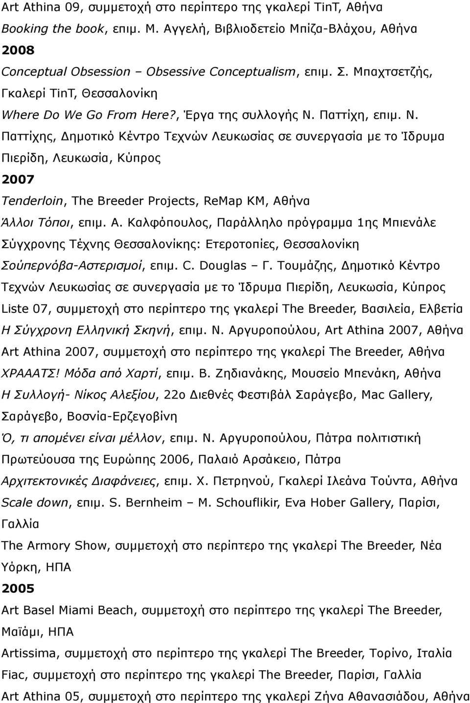 Παττίχη, επιµ. Ν. Παττίχης, Δηµοτικό Κέντρο Τεχνών Λευκωσίας σε συνεργασία µε το Ίδρυµα Πιερίδη, Λευκωσία, Κύπρος 2007 Tenderloin, The Breeder Projects, ReMap KM, Αθ