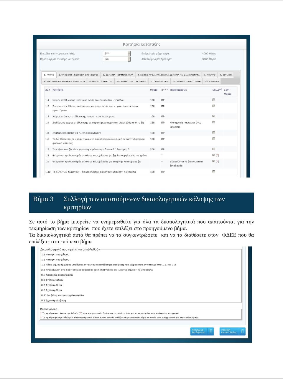 δικαιολογητικά που απαιτούνται για την τεκμηρίωση των κριτηρίων που έχετε επιλέξει στο προηγούμενο βήμα.