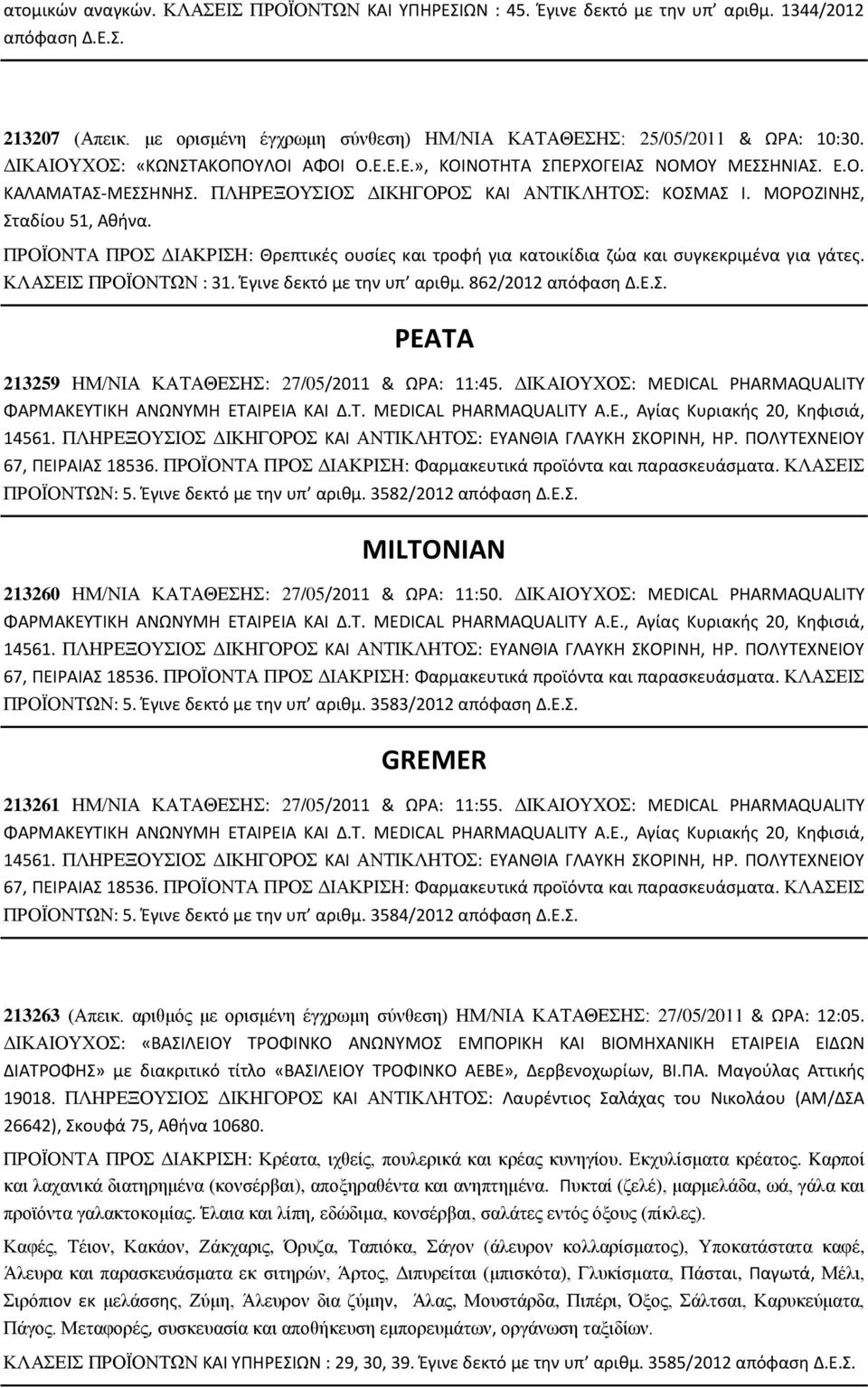 ΠΡΟΪΟΝΤΑ ΠΡΟΣ ΔΙΑΚΡΙΣΗ: Θρεπτικές ουσίες και τροφή για κατοικίδια ζώα και συγκεκριμένα για γάτες. ΚΛΑΣΕΙΣ ΠΡΟΪΟΝΤΩΝ : 31. Έγινε δεκτό µε την υπ αριθµ. 862/2012 απόφαση Δ.Ε.Σ. PEATA 213259 ΗΜ/ΝΙΑ ΚΑΤΑΘΕΣΗΣ: 27/05/2011 & ΩΡΑ: 11:45.