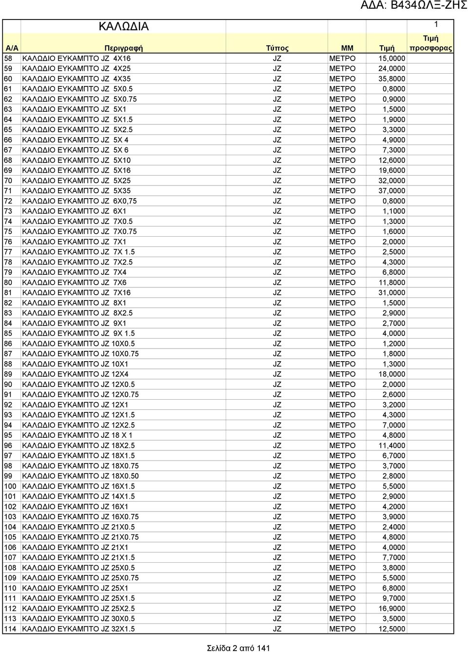 5 JZ ΜΕΤΡΟ 3,3000 66 ΚΑΛΩΔΙΟ ΕΥΚΑΜΠΤΟ JZ 5Χ 4 JZ ΜΕΤΡΟ 4,9000 67 ΚΑΛΩΔΙΟ ΕΥΚΑΜΠΤΟ JZ 5Χ 6 JZ ΜΕΤΡΟ 7,3000 68 ΚΑΛΩΔΙΟ ΕΥΚΑΜΠΤΟ JZ 5Χ10 JZ ΜΕΤΡΟ 12,6000 69 ΚΑΛΩΔΙΟ ΕΥΚΑΜΠΤΟ JZ 5Χ16 JZ ΜΕΤΡΟ 19,6000 70