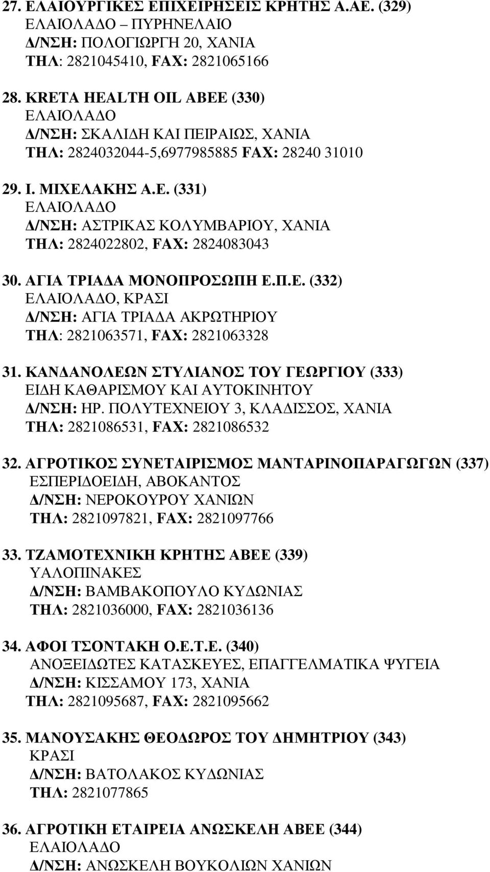 ΑΓΙΑ ΤΡΙΑ Α ΜΟΝΟΠΡΟΣΩΠΗ Ε.Π.Ε. (332), ΚΡΑΣΙ /ΝΣΗ: ΑΓΙΑ ΤΡΙΑ Α ΑΚΡΩΤΗΡΙΟΥ ΤΗΛ: 2821063571, FAX: 2821063328 31. ΚΑΝ ΑΝΟΛΕΩΝ ΣΤΥΛΙΑΝΟΣ ΤΟΥ ΓΕΩΡΓΙΟΥ (333) ΕΙ Η ΚΑΘΑΡΙΣΜΟΥ ΚΑΙ ΑΥΤΟΚΙΝΗΤΟΥ /ΝΣΗ: ΗΡ.