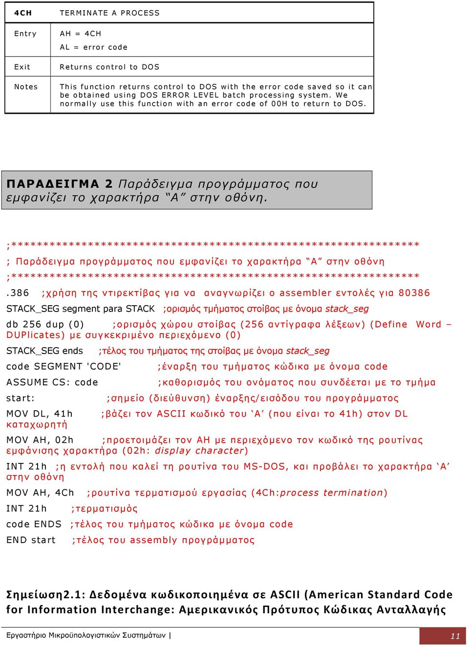 ;**************************************************************** ; Παράδειγµα προγράµµατος που εµφανίζει το χαρακτήρα Α στην οθόνη ;****************************************************************.