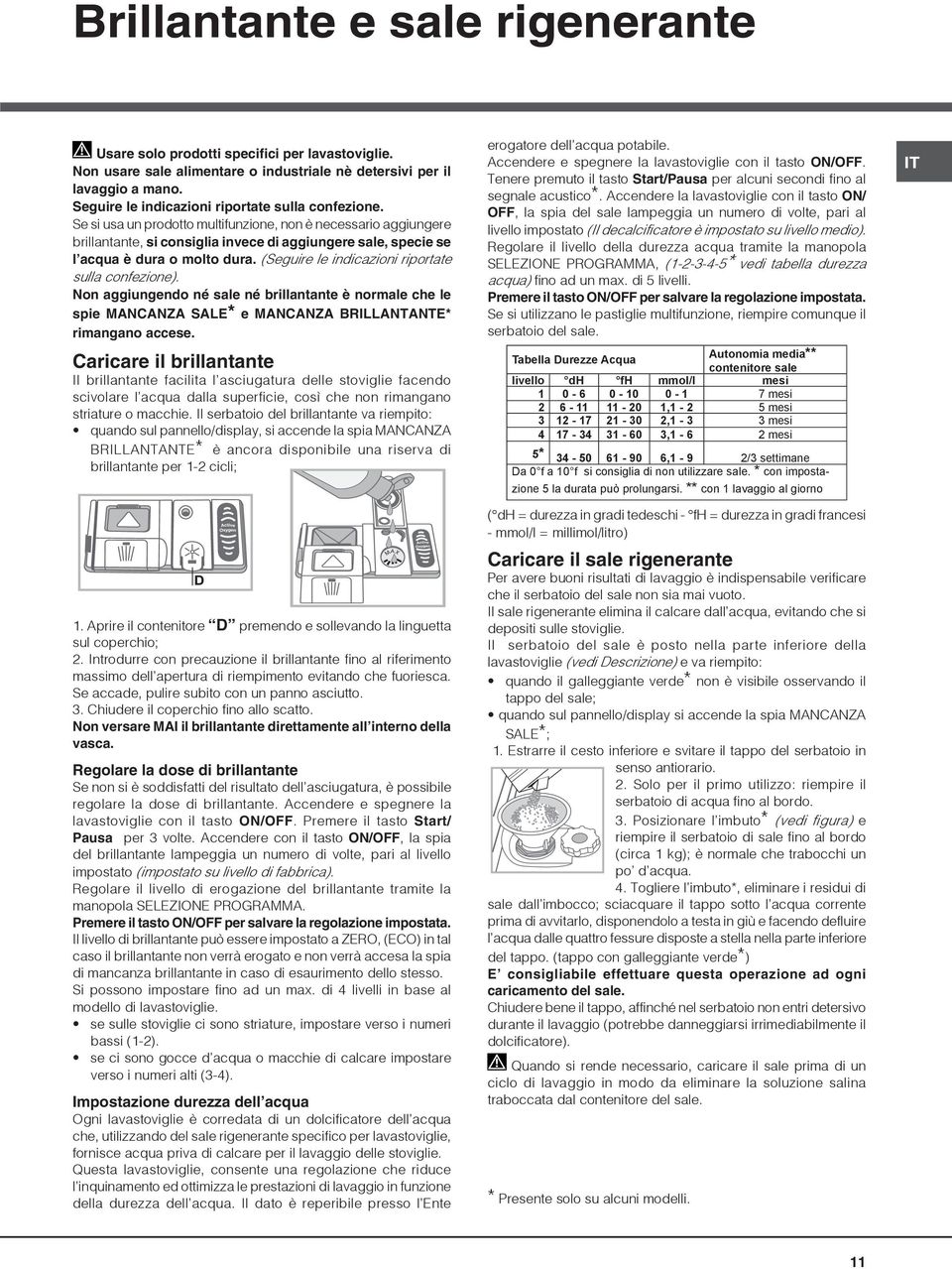 Se si usa un prodotto multifunzione, non è necessario aggiungere brillantante, si consiglia invece di aggiungere sale, specie se l acqua è dura o molto dura.