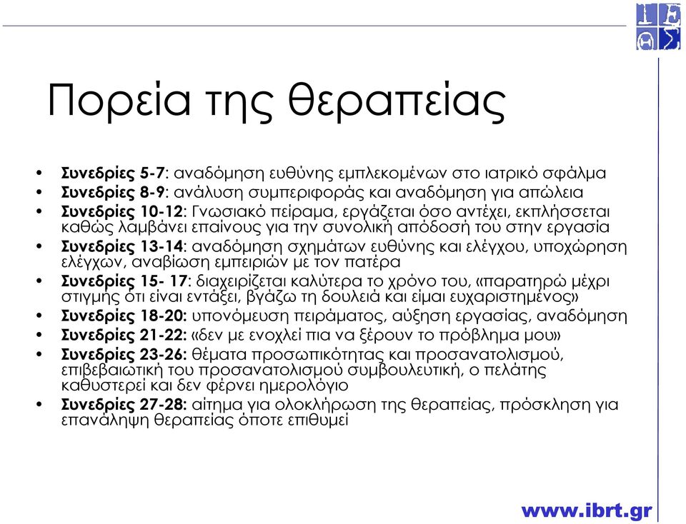 Συνεδρίες 15-17: διαχειρίζεται καλύτερα το χρόνο του, «παρατηρώ µέχρι στιγµής ότι είναι εντάξει, βγάζω τη δουλειά και είµαι ευχαριστηµένος» Συνεδρίες 18-20: υπονόµευση πειράµατος, αύξηση εργασίας,