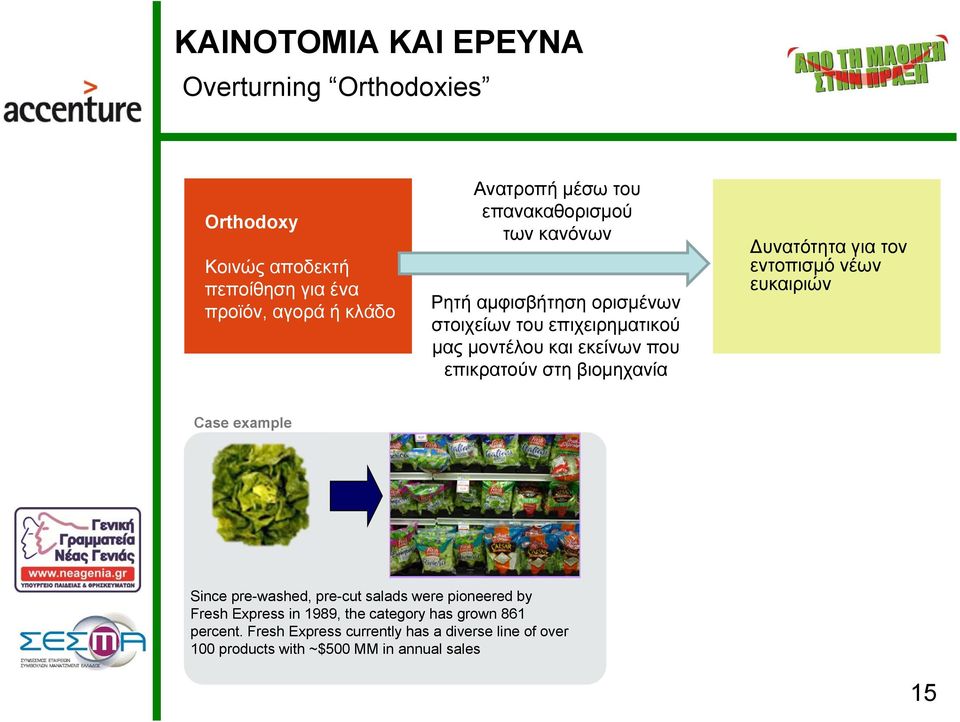 βιομηχανία υνατότητα για τον εντοπισμό νέων ευκαιριών Case example Since pre-washed, pre-cut salads were pioneered by Fresh Express