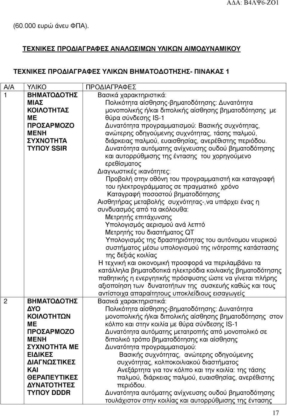 SSIR Βασικά χαρακτηριστικά: Πολικότητα αίσθησης-βηματοδότησης: Δυνατότητα μονοπολικής ή/και διπολικής αίσθησης βηματοδότησης με θύρα σύνδεσης IS-1 Δυνατότητα προγραμματισμού: Βασικής συχνότητας,