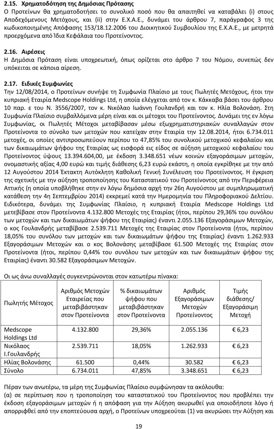 Αιρέσεις Η Δημόσια Πρόταση είναι υποχρεωτική, όπως ορίζεται στο άρθρο 7 του Νόμου, συνεπώς δεν υπόκειται σε κάποια αίρεση. 2.17.