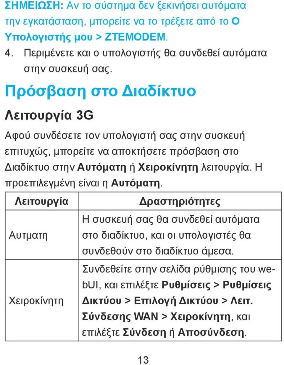 Πρόσβαση στο Διαδίκτυο Λειτουργία 3G Αφού συνδέσετε τον υπολογιστή σας στην συσκευή επιτυχώς, μπορείτε να αποκτήσετε πρόσβαση στο Διαδίκτυο στην Αυτόματη ή Χειροκίνητη λειτουργία.