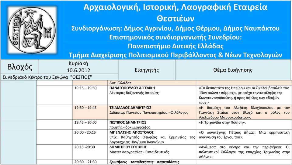 δοκιμιογράφος 20:00-20:15 ΜΠΕΝΑΤΣΗΣ ΑΠΟΣΤΟΛΟΣ Επίκ.