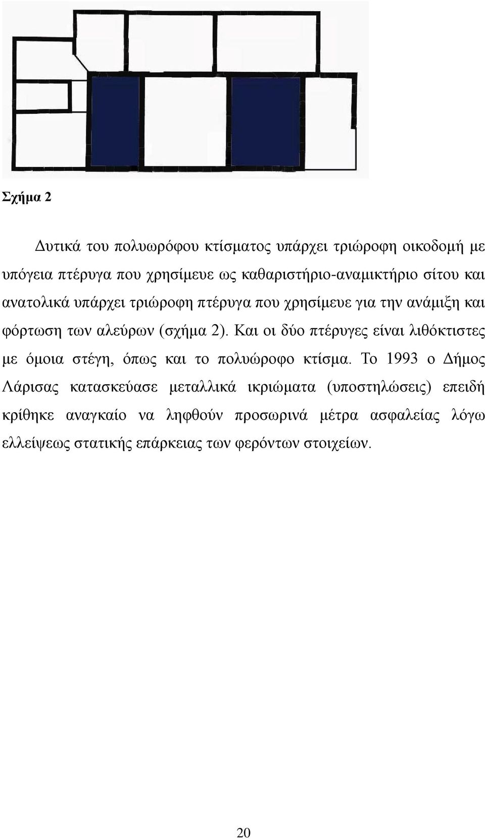 Και οι δύο πτέρυγες είναι λιθόκτιστες με όμοια στέγη, όπως και το πολυώροφο κτίσμα.