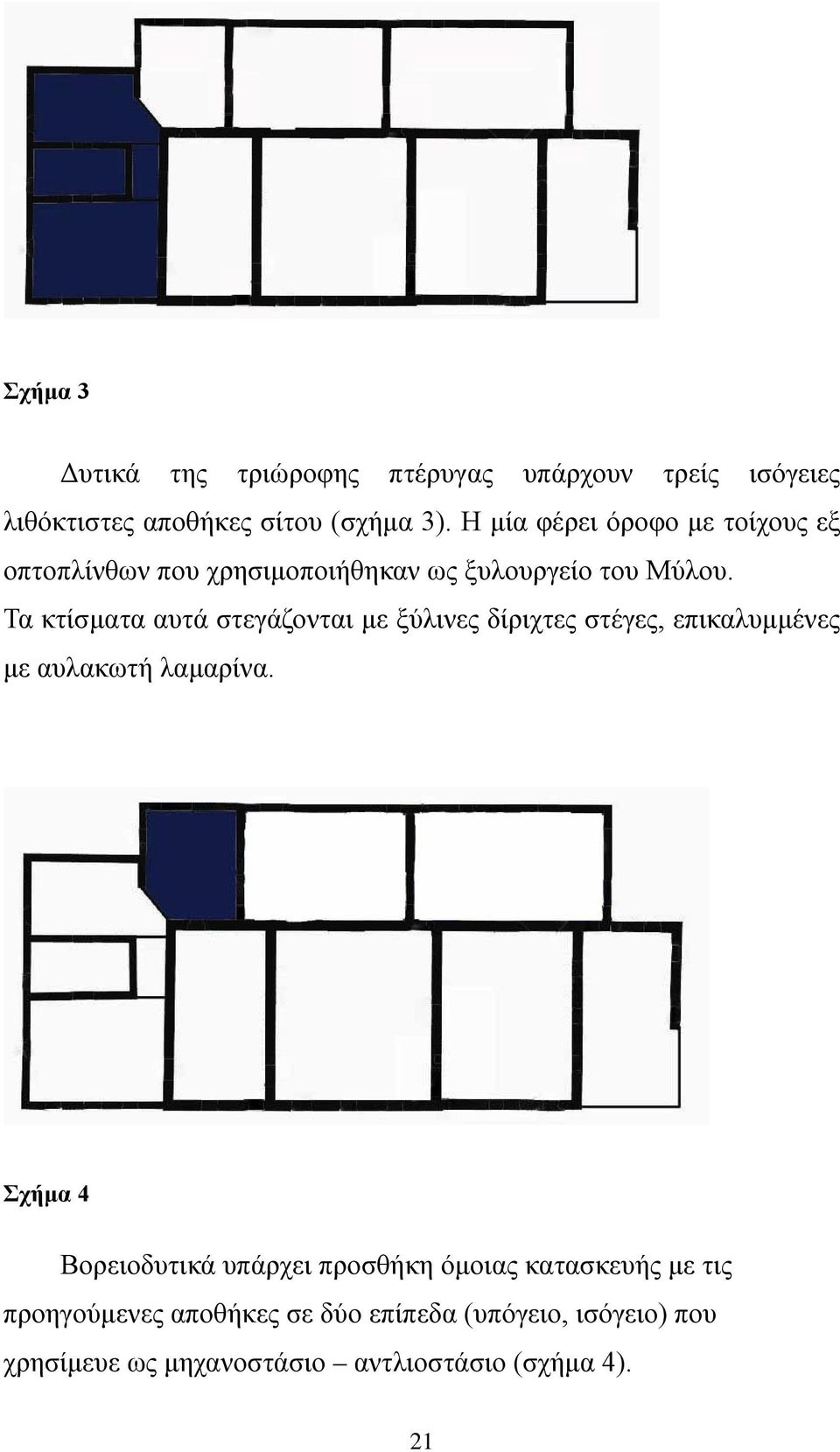 Τα κτίσματα αυτά στεγάζονται με ξύλινες δίριχτες στέγες, επικαλυμμένες με αυλακωτή λαμαρίνα.