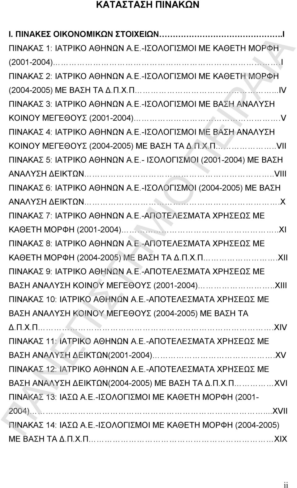 Π.Χ.Π..VII ΠΙΝΑΚΑΣ 5: ΙΑΤΡΙΚΟ ΑΘΗΝΩΝ Α.Ε.- ΙΣΟΛΟΓΙΣΜΟΙ (2001-2004) ΜΕ ΒΑΣΗ ΑΝΑΛΥΣΗ ΔΕΙΚΤΩΝ..VIII ΠΙΝΑΚΑΣ 6: ΙΑΤΡΙΚΟ ΑΘΗΝΩΝ Α.Ε.-ΙΣΟΛΟΓΙΣΜΟΙ (2004-2005) ΜΕ ΒΑΣΗ ΑΝΑΛΥΣΗ ΔΕΙΚΤΩΝ.