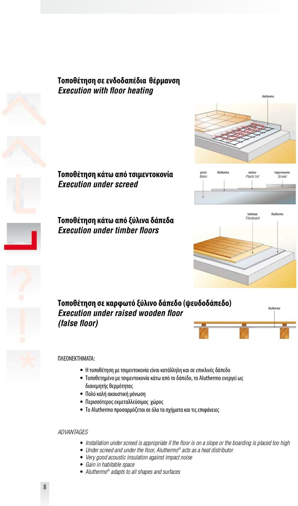 Aluthermo ΠΛΕΟΝΕΚΤΗΜΑΤΑ: Η τοποθέτηση με τσιμεντοκονία είναι κατάλληλη και σε επικλινές δάπεδο Τοποθετημένο με τσιμεντοκονία κάτω από το δάπεδο, το Aluthermo ενεργεί ως διανεμητής θερμότητας Πολύ