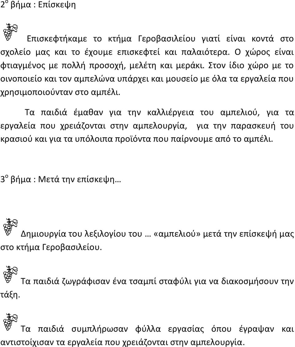 Τα παιδιά έμαθαν για την καλλιέργεια του αμπελιού, για τα εργαλεία που χρειάζονται στην αμπελουργία, για την παρασκευή του κρασιού και για τα υπόλοιπα προϊόντα που παίρνουμε από το αμπέλι.